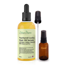 Load image into Gallery viewer, Nomara Organics Hair Growth Oil Serum with Caffeine, Biotin, Rosemary  + Travel Bottle. 100% Natural, Potent Elexir, Anti-hair Loss, Regrowth, Vegan - 100mL
