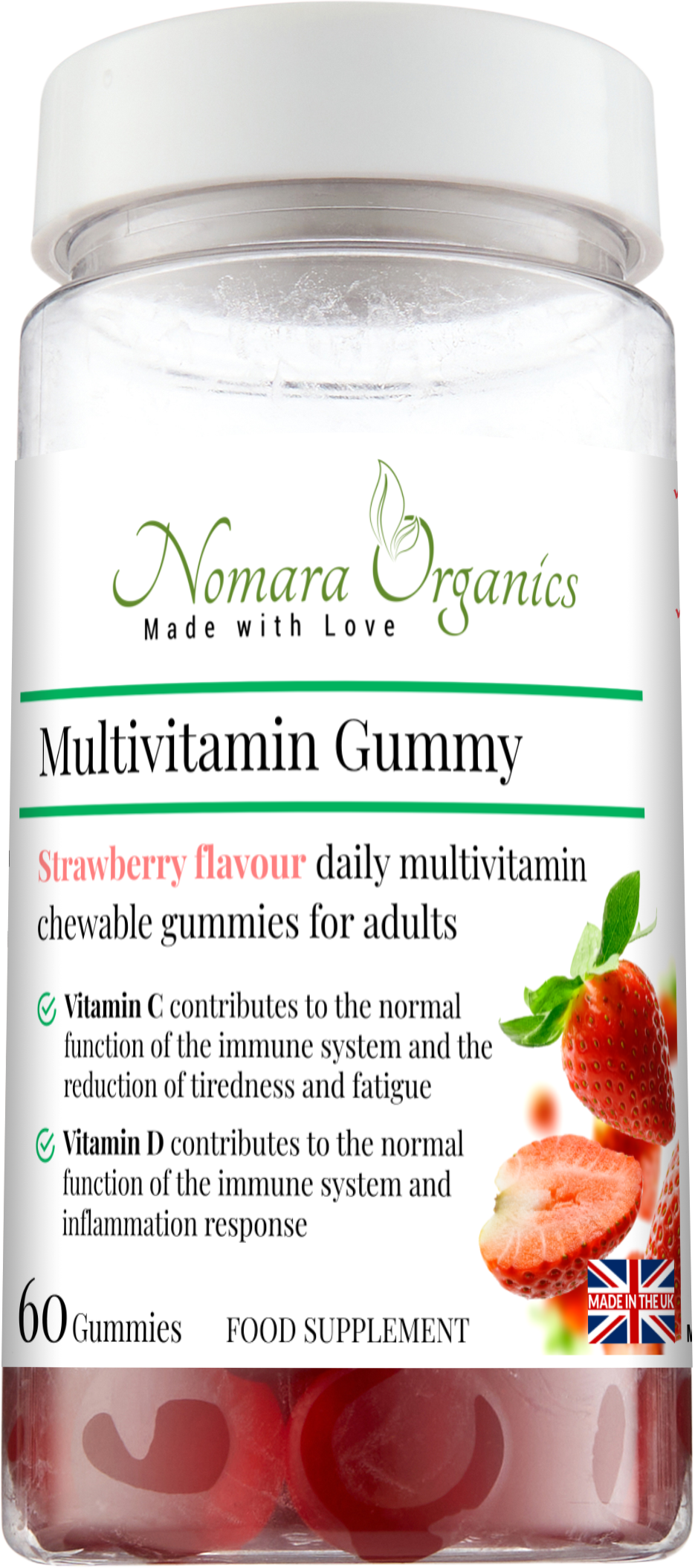 Multivitamin Gummy, is a chewable daily Vitamin and Mineral Formula for adults.Strawberry flavoured 60 gummies, Rich in Vitamin C and D, Supports Immunity, Enery production, Reduction of Tiredness and Fatigue.