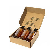 Load image into Gallery viewer, 3pc Amber Glass Soap &amp; Lotion Dispensers - 300ml by Nomara Organics. Nestled on straw in a box, BPA-free Lockable pumps, caps/lids. Eco-friendly, Re-usable, ideal for a Gift, Bathroom, Kitchen, Washing up, DIY, Essential oil blends, Aromatherapy.
