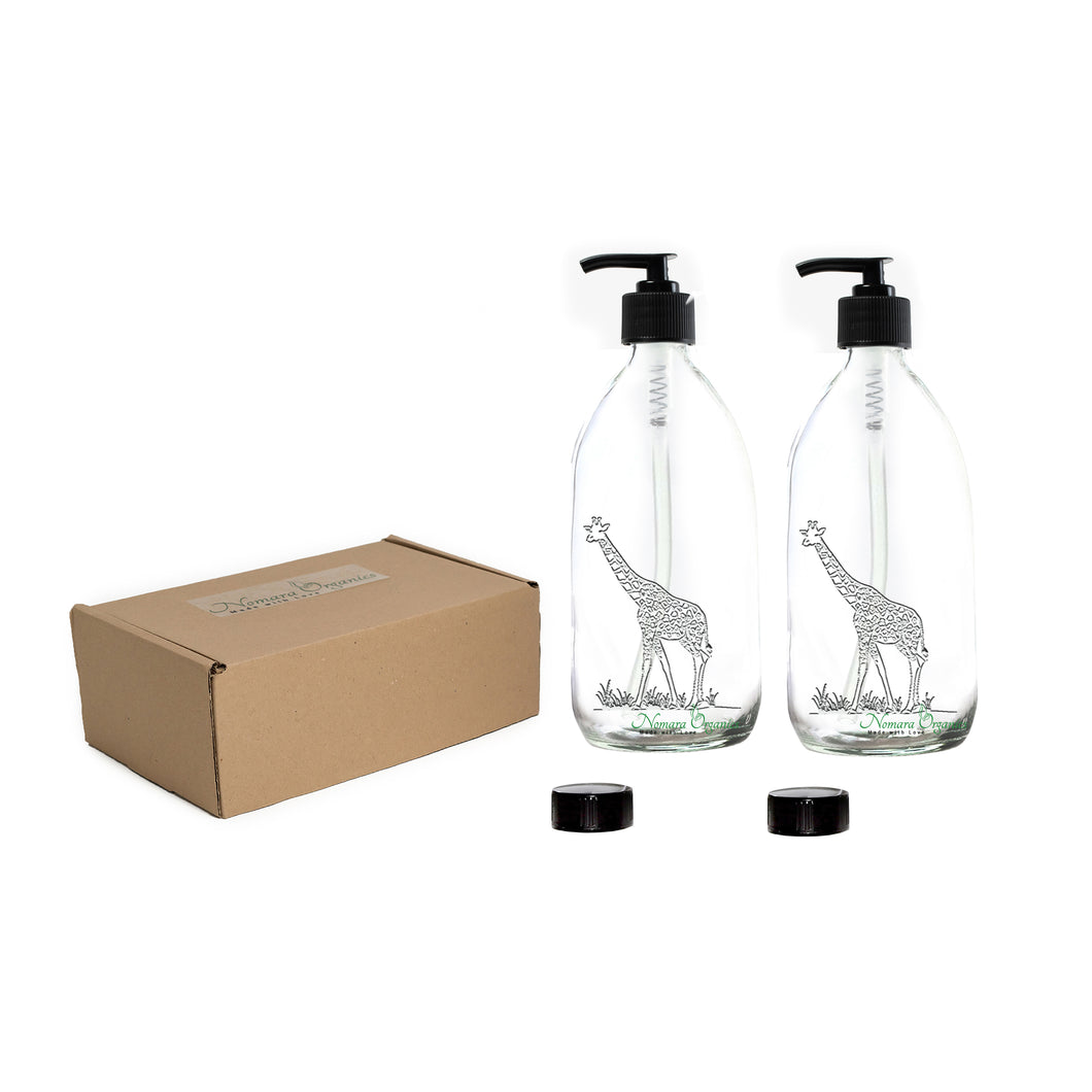 Nomara Organics® Giraffe Clear Glass Soap & Lotion Dispenser 2 x 300 ml set. Set is Laser Engraved with Giraffe motifs, fitted with BPA-free Lockable pumps & Non-leak lids/caps.