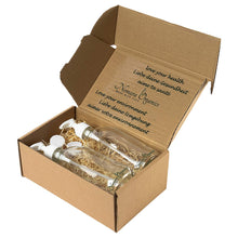 Load image into Gallery viewer, Nomara Organics® Countertop Soap Dispensers, 2 x 300 ml Clear Glass. Nestled on straw, boxed, White Pumps &amp; 2 caps. Reusable, eco-friendly, ideal for organic hand wash-lotion-shampoo-bathroom
