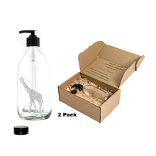 Load image into Gallery viewer, Nomara Organics® Giraffe Clear Glass Soap &amp; Lotion Dispenser 2 x 300 ml set. Set is Laser Engraved with Giraffe motifs, fitted with BPA-free Lockable pumps &amp; Non-leak lids/caps.
