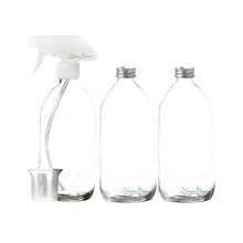 Load image into Gallery viewer, Nomara Organics made with Love Clear Glass Spray Bottles 3 x 300 ml. Fine mist White trigger Pumps, 1 beaker/2 caps, refillable. For ironing, laundry, kitchen, cleaning, essential oils
