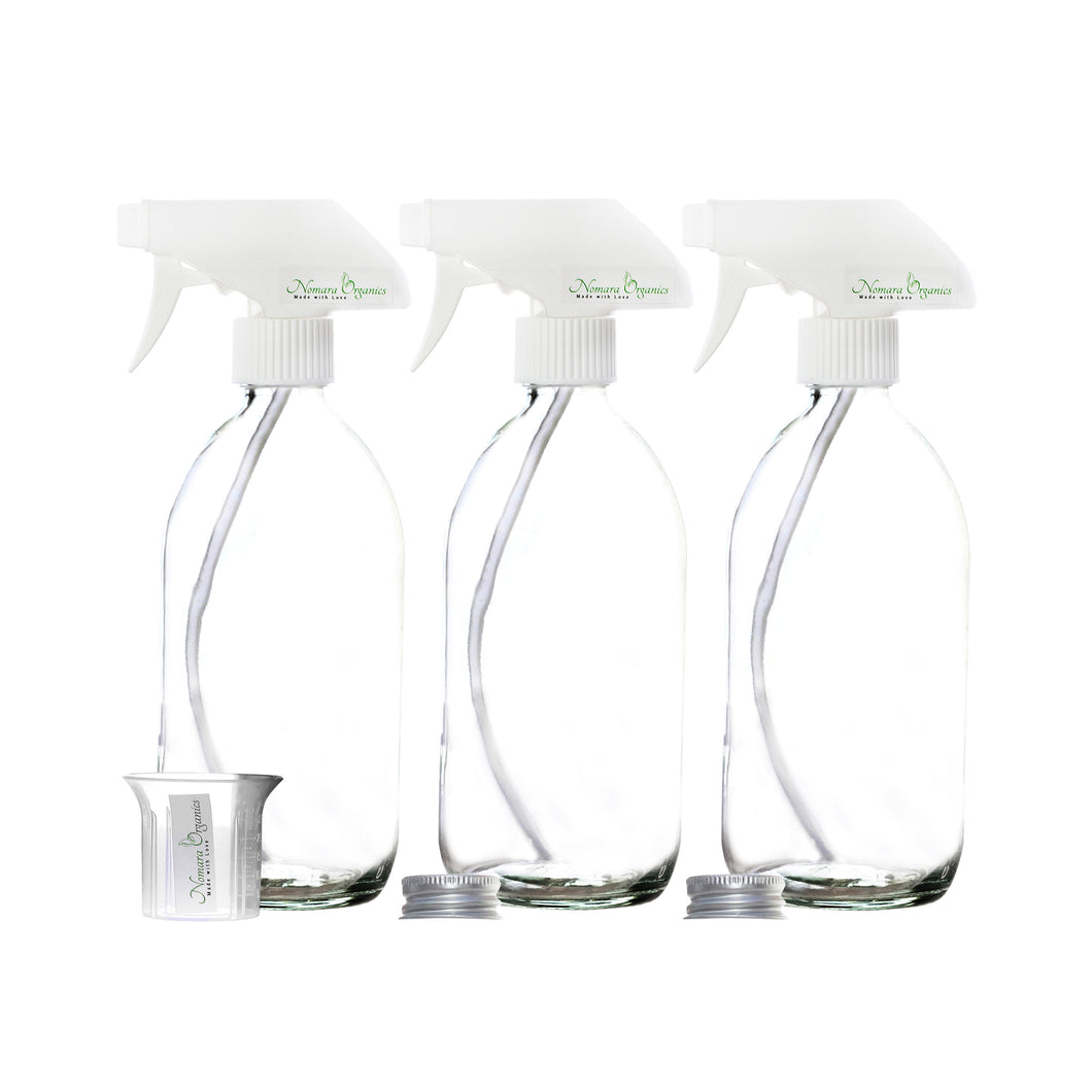 Nomara Organics made with Love Clear Glass Spray Bottles 3 x 300 ml. Fine mist White trigger Pumps, 1 beaker/2 caps, refillable. For ironing, laundry, kitchen, cleaning, essential oils