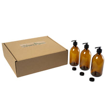Load image into Gallery viewer, 3pc Amber Glass Soap &amp; Lotion Dispensers - 300ml by Nomara Organics. Nestled on straw in a box, BPA-free Lockable pumps, caps/lids. Eco-friendly, Re-usable, ideal for a Gift, Bathroom, Kitchen, Washing up, DIY, Essential oil blends, Aromatherapy.

