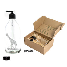 Load image into Gallery viewer, Nomara Organics® Giraffe Clear Glass Sanitizer &amp; Soap Dispenser 2 x 500 ml set. Laser Engraved with permanent Giraffe motifs, fitted with BPA-free Lockable pumps &amp; Non-leak  caps.
