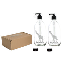 Load image into Gallery viewer, Nomara Organics® Giraffe Clear Glass Sanitizer &amp; Soap Dispenser 2 x 500 ml set. Laser Engraved with permanent Giraffe motifs, fitted with BPA-free Lockable pumps &amp; Non-leak  caps.
