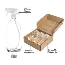 Load image into Gallery viewer, Premium Clear Glass Spray Bottles 3 x 500ml by Nomara Organics®. Boxed, on Straw, BPA-free trigger pumps, Caps, Beaker. Multipurpose, Re-usable &amp; ideal for a Gift, Kitchen, Cleaning, Bathroom
