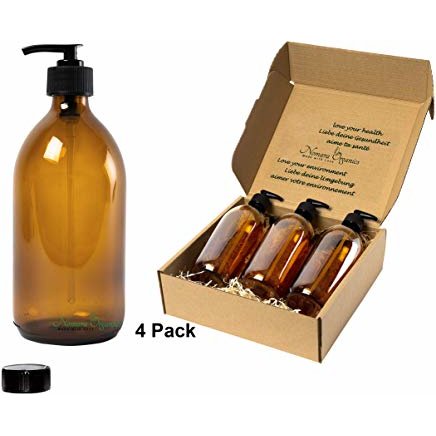 Countertop Amber Glass Soap Dispensers, 4 x 300ml by Nomara Organics®.  Lockable Pumps/Caps, BPA-free, Eco-friendly, Reusable for Gift-Bathroom- Organic Lotion-Handwash-Oils & Serums-Aromatherapy-Facewash-Travel