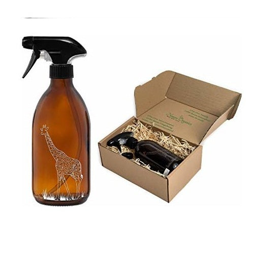 Nomara Organics® Amber Glass Spray Bottle 500ml Laser Engraved with Giraffe Motif. Boxed, on straw, ideal for Gift/Kitchen/Oil & Vinegar/flowers
