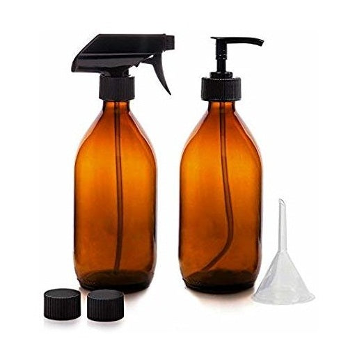 Premium Amber Glass Spray + Soap Dispenser Bottle set, 500ml by Nomara Organics®. Multipurpose, Eco-friendly, Re-usable, ideal for use in Kitchen or Bathroom, Essential oils, Cleaning & Room sprays