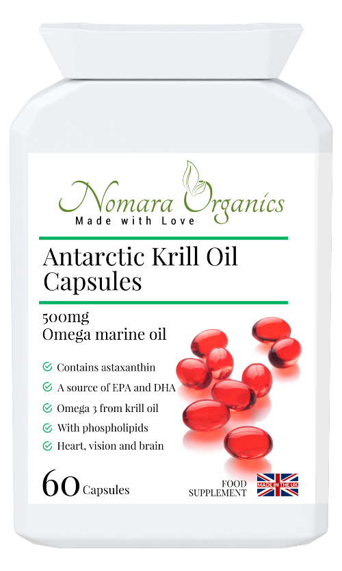 Nomara organics Antarctic Krill Oil Capsules.  A rich source of EPA and DHA for maintenance of normal blood pressure, heart function and vision.