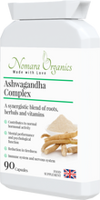 Load image into Gallery viewer, Nomara Organics Ashwagandha Complex.  A synergestic combination of herbs, roots and vitamins.  For mental performance, stress reduction and energy boosting.
