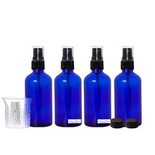 Load image into Gallery viewer, Nomara Organics® Blue Glass Leak Proof Atomizer Spray Bottles 4 x 30ml. Black Atomiser-Sprayers + beaker-reusable-herbal-lotion-aromatherapy-essential oil-serum-crafts
