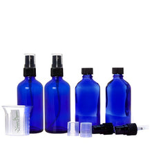 Load image into Gallery viewer, Nomara Organics® Blue Glass Leak Proof Atomizer Spray Bottles 4 x 30ml. Black Atomiser-Sprayers + beaker-reusable-herbal-lotion-aromatherapy-essential oil-serum-crafts
