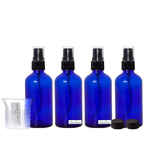 Nomara Organics® Blue Glass Leak Proof Atomizer Spray Bottles 4 x 30ml. Black Atomiser-Sprayers + beaker-reusable-herbal-lotion-aromatherapy-essential oil-serum-crafts