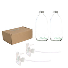 Load image into Gallery viewer, Boxed Clear Glass Spray Bottles, 2 x500ml by Nomara Organics®. Fitted with 2 x BPA-free pumps &amp; spare caps &amp; nestled on straw. Eco-friendly &amp; Re-usable, ideal for a Gift, Bathroom or Kitchen, Essential oils, Hair care, Plants, Flowers &amp; DIY
