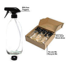Load image into Gallery viewer, Nomara Organics® Clear Glass Spray Bottles 3 x 500ml boxed on straw. BPA-free pumps &amp; Leakproof caps, Eco-friendly, Reusable perfect for a Gift, organic products for Kitchen, Bathroom, Aromatherapy, Essential oil blends, Oil &amp; Vinegar, DIY, Cleaning
