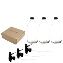 Load image into Gallery viewer, Nomara Organics® Clear Glass Spray Bottles 3 x 500ml boxed on straw. BPA-free pumps &amp; Leakproof caps, Eco-friendly, Reusable perfect for a Gift, organic products for Kitchen, Bathroom, Aromatherapy, Essential oil blends, Oil &amp; Vinegar, DIY, Cleaning
