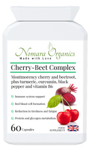 Load image into Gallery viewer, Nomara Organics Cherry-Beet Complex.  60 capsules of a natural extract from cherries and beetroot powder. Boosts energy and supports immunity.
