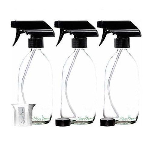 Clear Glass Spray Bottles 3 x 500ml by Nomara Organics®. Fitted with BPA-free trigger Pumps, Polycone leakproof caps + a BPA-free beaker.  Eco-friendly, Refillable perfect for misting plants, Organic products, Oil-vinegar, Cleaning, Essential oils