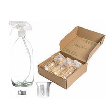 Load image into Gallery viewer, Premium Clear Glass Spray Bottles 3 x 500ml by Nomara Organics®. Boxed, on Straw, BPA-free trigger pumps, Caps, Beaker. Multipurpose, Re-usable &amp; ideal for a Gift, Kitchen, Cleaning, Bathroom
