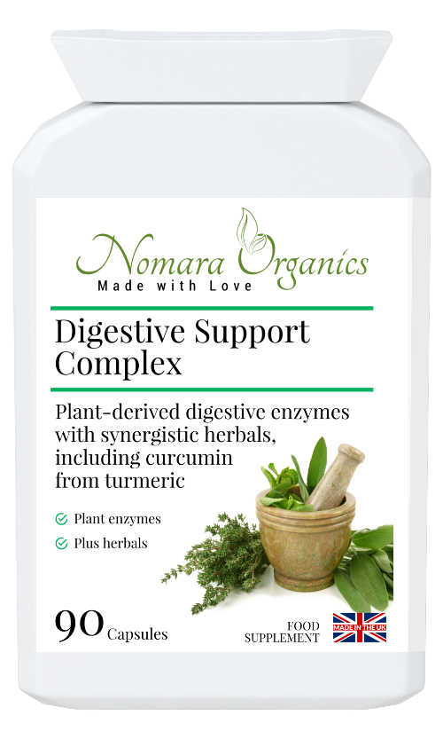 Nomara Organics Digestive Support Complex.  90 capsules of plant-derived enzymes,  herbs & curcumin. Dairy & gluten-free and Kosher approved.