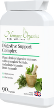 Load image into Gallery viewer, Nomara Organics Digestive Support Complex.  90 capsules of plant-derived enzymes,  herbs &amp; curcumin. Dairy &amp; gluten-free and Kosher approved.
