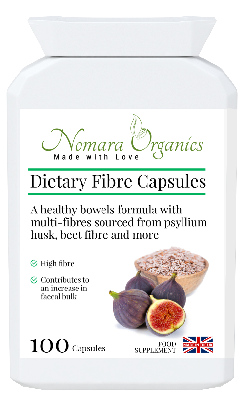 Nomara Organics Dietary Fibre Capsules.  A blend of insoluble and soluble fibres from psyllium husk and apple pectin. For relief of constipation, diarrhroea, heamorrhoids and IBS.