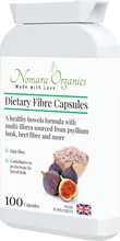 Load image into Gallery viewer, Nomara Organics Dietary Fibre Capsules.  A blend of insoluble and soluble fibres from psyllium husk and apple pectin. For relief of constipation, diarrhroea, heamorrhoids and IBS.
