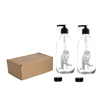 Load image into Gallery viewer, Nomara Organics® Clear Glass Soap &amp; Lotion Dispenser set 2 x 300 ml. Laser Engraved Owl motifs, BPA-free, Lockable Soap/Lotion Pumps, Boxed in Straw. Eco-friendly, Reusable for a Gift- Kitchen-Bathroom-Organic Handwash-Oils &amp; Serums-Aromatherapy
