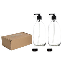 Load image into Gallery viewer, Nomara Organics® Glass Lotion &amp; Soap Dispenser Set, 2 x 300 ml.  Clear Bottles, nestled on Straw in a Box, Lockable Black Pumps &amp; spare caps. Eco-Friendly, Reusable, ideal for a Gift-Travel-Handwash-Bathroom, Cleaning, Organic products, Shampoo, DIY
