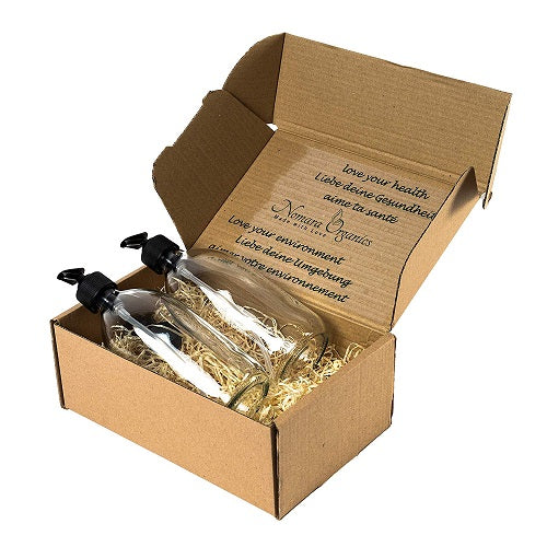 Nomara Organics® Glass Lotion & Soap Dispenser Set, 2 x 300 ml.  Clear Bottles, nestled on Straw in a Box, Lockable Black Pumps & spare caps. Eco-Friendly, Reusable, ideal for a Gift-Travel-Handwash-Bathroom, Cleaning, Organic products, Shampoo, DIY