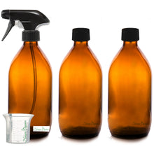 Load image into Gallery viewer, Premium BPA-Free Amber Glass Spray Bottles 3 x 500ml by Nomara Organics®. Durable Trigger Pumps &amp; leakproof caps, Eco-friendly, Refillable ideal for Organic Beauty &amp; Cleaning products, Kitchen, Bathroom, Essential oils, Plant, Pet &amp; Hair care
