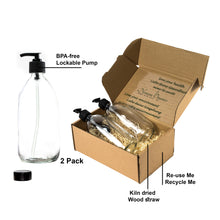 Load image into Gallery viewer, Clear Glass Lotion &amp; Soap Dispensers 2 x 500ml Boxed set by Nomara Organics®. Nestled on straw, fitted with BPA-free Lockable pumps &amp; 2 Spare Non-leak caps. Reusable, Eco-friendly, ideal for a Gift, Organic products, Handwash, Cleaning, Bathroom, Kitchen
