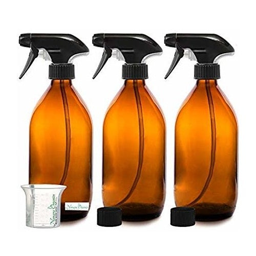 Premium BPA-Free Amber Glass Spray Bottles 3 x 500ml by Nomara Organics®. Durable Trigger Pumps & leakproof caps, Eco-friendly, Refillable ideal for Organic Beauty & Cleaning products, Kitchen, Bathroom, Essential oils, Plant, Pet & Hair care