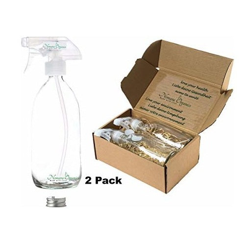 Boxed Clear Glass Spray Bottles, 2 x500ml by Nomara Organics®. Fitted with 2 x BPA-free pumps & spare caps & nestled on straw. Eco-friendly & Re-usable, ideal for a Gift, Bathroom or Kitchen, Essential oils, Hair care, Plants, Flowers & DIY