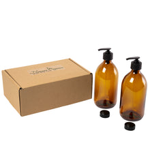 Load image into Gallery viewer, Boxed Amber Glass Soap Dispenser set, 2 x 500ml by Nomara Organics®. Nestled on Straw, fitted BPA-free Lockable pumps &amp; Leakproof caps. Eco-friendly, Reusable, perfect for a Gift, Bathroom, Organic Lotion, Handwash, Conditioner, Essential Oil blends.
