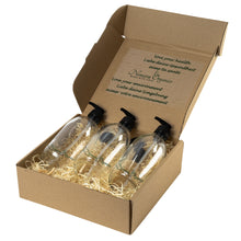 Load image into Gallery viewer, Countertop Glass Soap &amp; Lotion Dispensers 3 x 500ml by Nomara Organics®. Fitted with BPA-free Lockable Pumps &amp; 3 Non-leak, airtight caps. Multipurpose, Eco-friendly, Reusable &amp; ideal for a Gift, Handwash, Bathroom, Kitchen
