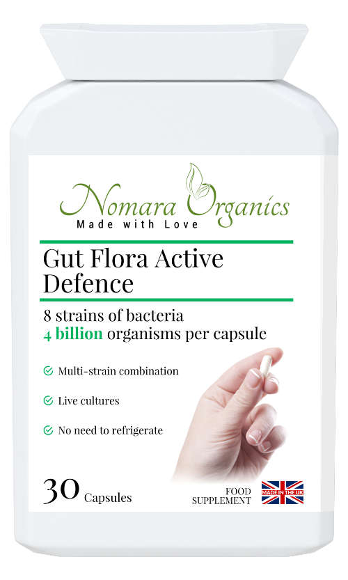 Noimara Organics Gut Flora Active Defence. 30 capsules, multi-strain live cultures,strenth of 4 billion per capsule. For gut flora balance, a healthy digestive function and immunity.