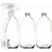 Load image into Gallery viewer, 3pc Clear Glass Spray Bottles - 500m by Nomara Organics®. BPA-Free, lockable trigger pump, Caps + BPA beaker. Eco-friendly, Multipurpose, Refillable, perfect for Cleaning, Kitchen, Bathroom, Plant &amp; flower mist, Pet care, DIY
