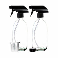 Load image into Gallery viewer, Nomara Organics® Clear Glass Spray Bottles 2 x 500ml. With black BPA-free, Non-leak Caps and trigger Pumps. Reusable, Eco-friendly, ideal for a Gift, Kitchen, Bathroom, Spraying Plants, Pet care &amp; DIY
