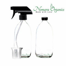 Load image into Gallery viewer, Nomara Organics® Clear Glass Spray Bottles 2 x 500ml. With black BPA-free, Non-leak Caps and trigger Pumps. Reusable, Eco-friendly, ideal for a Gift, Kitchen, Bathroom, Spraying Plants, Pet care &amp; DIY
