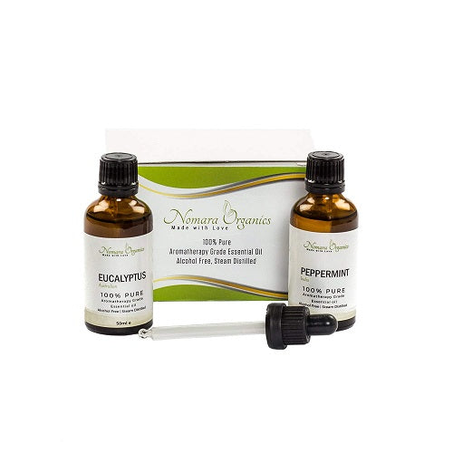 Peppermint and Eucalyptus Oils Twin Pack 2 x 50ml by Nomara Organics. 100% Pure & Natural, perfect for oil burners, vaporisers