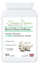 Load image into Gallery viewer, Nomara Organics Bowel Flora Defence.   A multi-strain of 8 live cultures - Strength 20 billion viable organisms per capsule. For a healthy gut and immunity.
