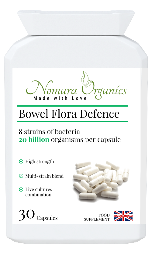 Nomara Organics Bowel Flora Defence.   A multi-strain of 8 live cultures - Strength 20 billion viable organisms per capsule. For a healthy gut and immunity.