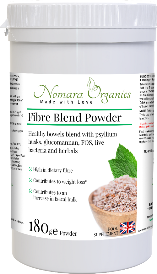 Nomara Organics Fibre Blend Powder. Especially formulated for detox and weight loss. 180g powder blend of psyllium husk, glucommanan and L-Glutamine. A tasty easy to make shake.