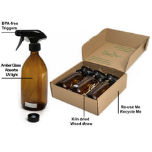 Load image into Gallery viewer, Nomara Organics® Amber Glass Spray Flask 3 x 300ml. Boxed, on straw, 3 pumps &amp; Caps. Eco-friendly, Re-usable for Gift-Birthday, Organic products for Hair care, Cleaning, Bathroom. Kitchen, DIY
