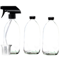 Load image into Gallery viewer, Clear Glass Spray Bottles 3 x 500ml by Nomara Organics®. Fitted with BPA-free trigger Pumps, Polycone leakproof caps + a BPA-free beaker.  Eco-friendly, Refillable perfect for misting plants, Organic products, Oil-vinegar, Cleaning, Essential oils
