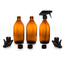 Load image into Gallery viewer, Amber Glass Spray Bottles 3 x 500ml by Nomara Organics®. Eco-friendly, BPA-free, Reusable for Cleaning-Aromatherapy-Essential Oils-Plants-Hair-Pet care &amp; DIY.
